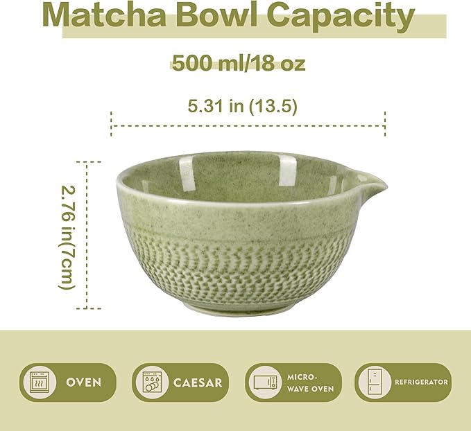 Matcha Bowl with Spout, 500 ml/18 oz Ceramic Matcha Mixing Bowl, Japanese Ceremonial Matcha Chawan for Matcha Powder/Salad/Fruit/Soup/Tea - Matcha Green