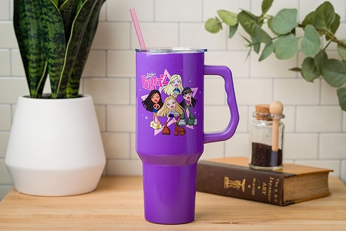 Silver Buffalo Bratz Featuring Cloe, Yasmin, Jade, and Sasha Double Walled Stainless Steel Tumbler with Handle and Straw, Fits in Standard Cup Holder, 40 Ounces