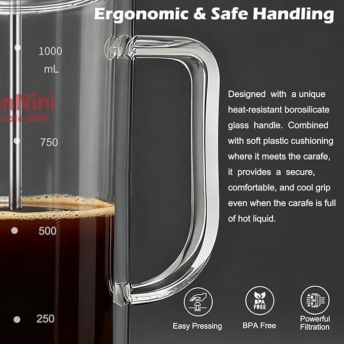 34-Ounce plastic free French Press Coffee Maker, Double Wall Glass coffee press, Stainless Steel Filter and Shaft, Bamboo Knob and Lid, Heat-Resistant tea french press no plastic large tea maker