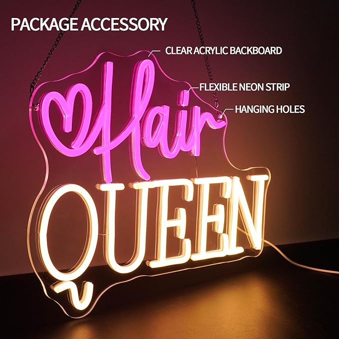 Hair Queen Neon Sign Dimmable Barber Shop Neon Light Sign for Wall Decor Haircut Hairdresser Led Signs for Hair Salon Store Beauty Room Makeup Studio Business Decor Gift 13.7" x 11"