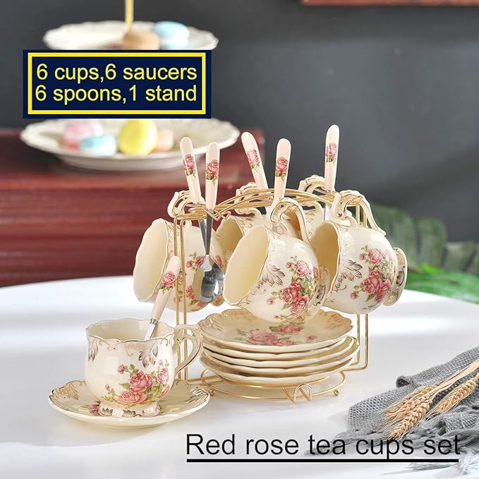 YOLIFE 8 OZ Pink Rose Tea Cups and Saucers Set of 6, Ivory Vintage Floral Porcelain Teacups Set, Coffee Cups with Golden Rack
