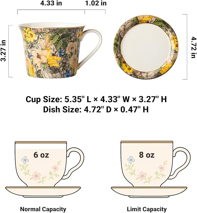 15oz Ceramic Coffee Mug – French Classical Cottage Style Cup with Golden Blossoms & Gilded Rim, Elegant Pottery Gift Mug with Lid & Saucer for Women