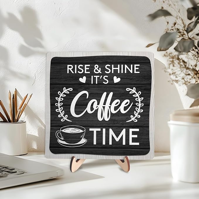 Coffee Bar Sign Plaque Decor,Coffee Bar Accessories,Rustic Wooden Tabletop Plaque with Stand, Minimalist Farmhouse Kitchen Counter Sign,Cute Mini Café Bar Decor Gift
