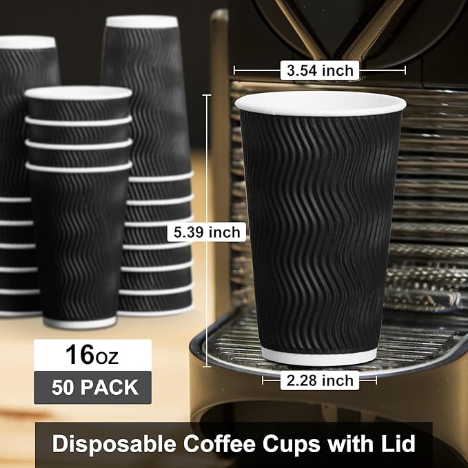 PARACITY 16oz Insulated Ripple Double-Walled Disposable Cups with Lids - 50Pack for Beverages, Espresso, Tea, Parties and Travel