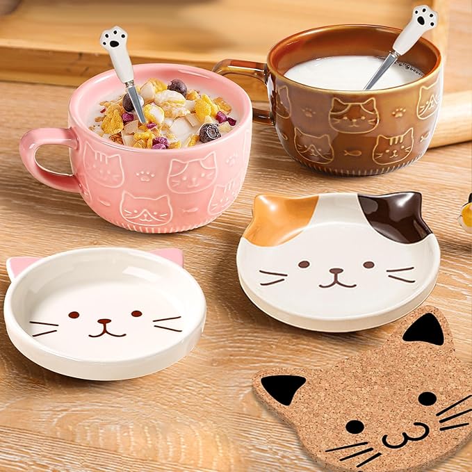 2PCS Cute Mug Kawaii Cat Tea Cup Ceramic Coffee Mug with Lid,Tea Cups and Saucers for Dessert tea mug cute gifts Cat lover Gifts For Women Anime gift for Women Christmas Gifts 10oz (Pink+Brown)