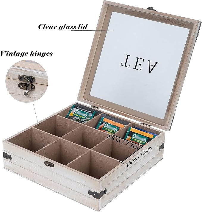 Tea Box Organizer - 9 Compartment Rustic Storage Box, Holder for Tea Bags, Coffee Pods, Instant Coffee Packets, Creamers, Sugar (Gray)