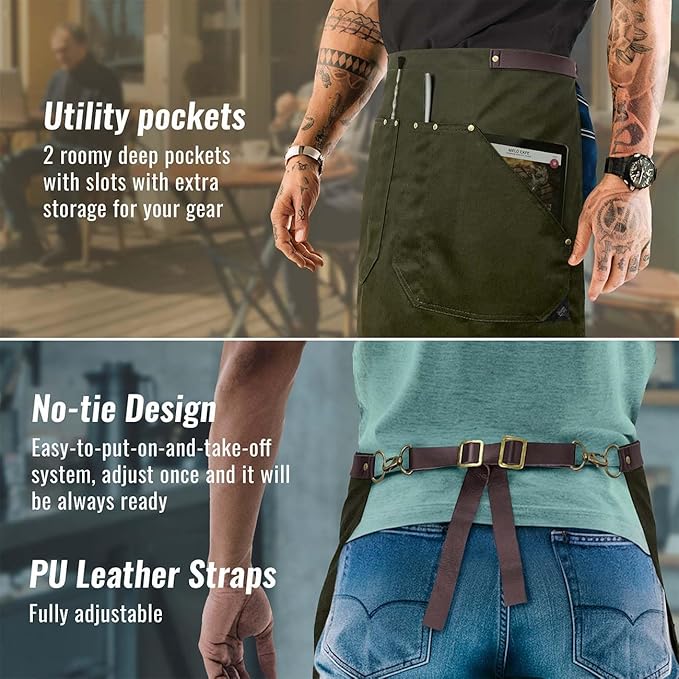 Under NY Sky Half Barista Apron - Brown Leather Strap - Riveted Pockets - Double Stiched - Leather Loop - Professional Twill - Bistro, Restaurant, Waiter, Bartender, Server - Green Half Waist Apron