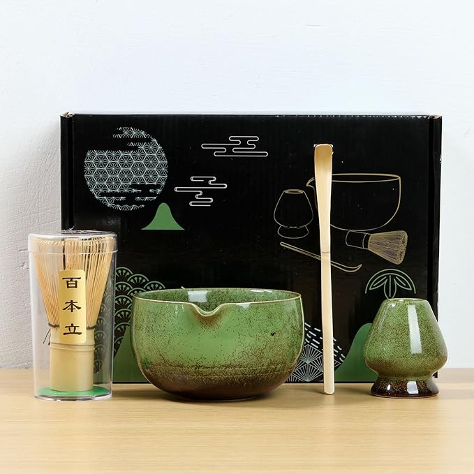 4Pcs Matcha Whisk Set Elegant Japanese Matcha Tea Set Matcha Making Kit with 500ml Ceramic Matcha Bowl Matcha Whisk Holder Bamboo Matcha Whisk and Matcha Scoop for Tea Lovers (Green)