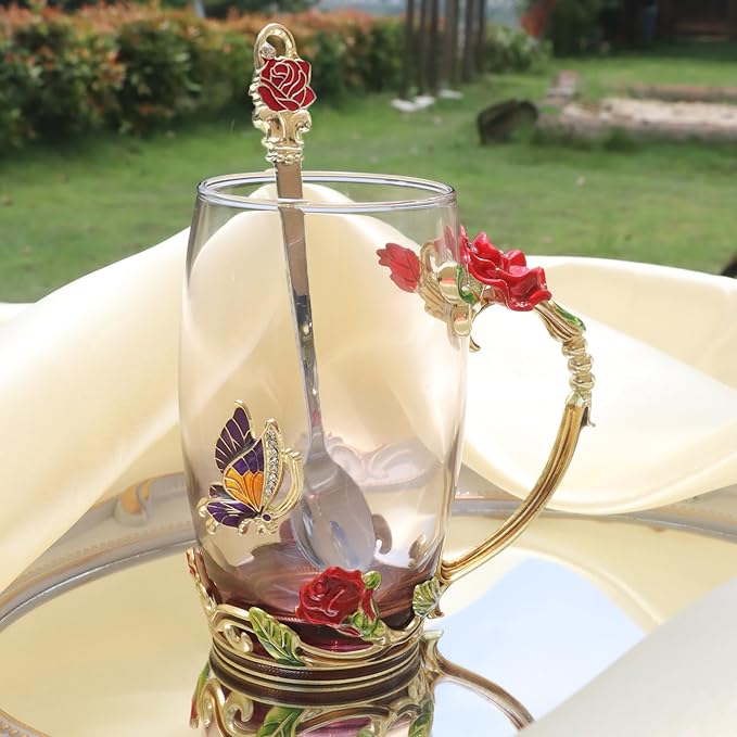 Flower Tea Cup ,Butterfly Rose Clear Glass Fancy Coffee Mug with Spoon,Gift Box for Her Mom Wife Grandma Girls Friends Valentines Christmas Birthday Present Idea for Juice,Hot And Cold Drinks Use