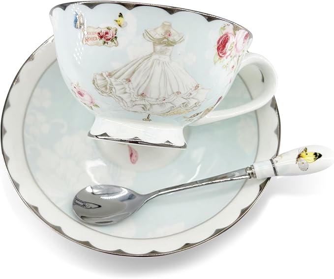 Vintage Ceramic Teacup, Elegant Coffee Cup with Spoon and Saucer Set,Royal Bone China Tea Cups (Wedding)