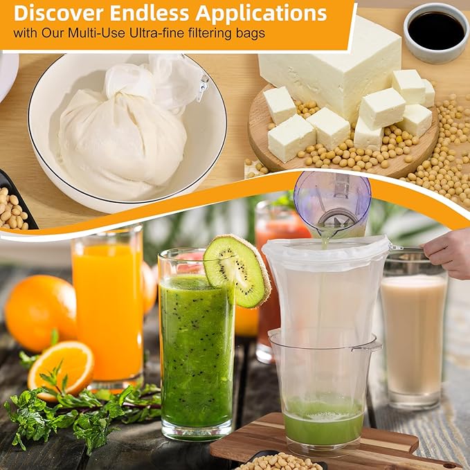 5 Pcs Premium Ultra Fine Mesh Strainer Bags with Stainless Steel Handle, Reusable Nut Milk Bags, Cheese Cloths for Straining Juice, NutMilk, Coffee, Thai Tea, Yogurt and Soup (Large)
