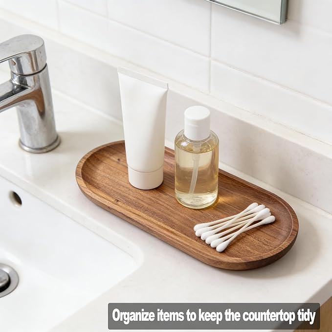 Small Wooden Tray, Oval Wood Serving Trays, Acacia Wood Platter for Coffee Tables, Dessert, Snack, Fruit, Bathroom Tray Charcuterie Board for Home Decor (M)