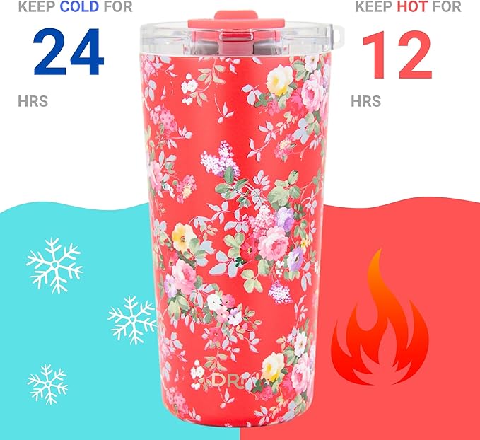 Drinco - 20 oz Stainless Steel Tumbler | Double Walled Vacuum Insulated Mug With Lid, 2 Straws, For Hot & Cold Drinks (20oz Peony Floral)
