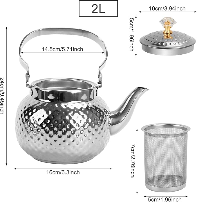 2L Hammered Tea Kettle, Stainless Steel Tea/Coffee Pot Loose Leaf Teapot for Tea, Milk, Coffee, 2L Teapot with Strainer Stovetop Tea Kettle, Outdoor Travel Supplies, Gift For Tea (Silver 2L)