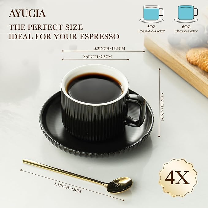 5 Ounce Espresso Cups Set of 4, Small Coffee Cups with Saucers and Spoons, Black Ceramic Demitasse Espresso Mugs