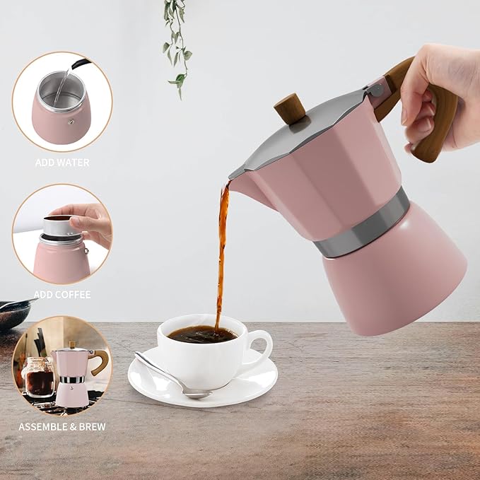 ShanSon Moka Pot Stovetop Espresso Maker 3 Cup 5 oz Italian Coffee Maker Manual Cuban Coffee Percolator Machine Italian Espresso Greca Coffee Maker for Cappuccino or Latte,Pink