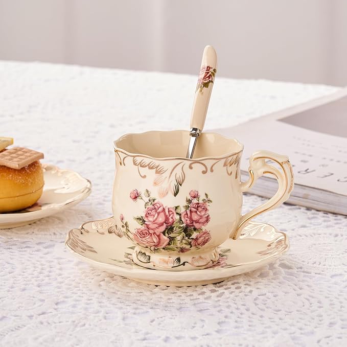 YOLIFE 8 OZ Tea Cups and Saucers Set of 6, Ivory Porcelain Tea Cups Set with Stand, Rose with Gold Leaves Trim Design, Gift for Women (Includes Gift Box, Tote Bag, Greeting Card)