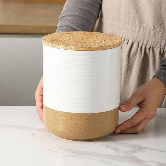HASENSE 80oz White Ceramic Food Storage Jar with Bamboo Lid – 7.5 Inch Minimalist Kitchen Canister for Pantry, Dry Goods, Sugar, Tea, Flour – Airtight Wide Mouth Container with Natural Base