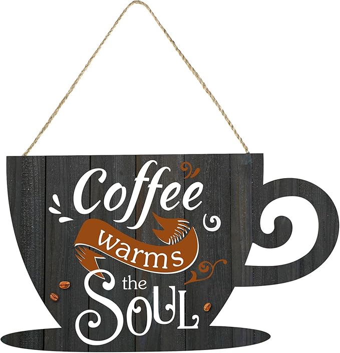 Jetec Coffee Bar Business Door Sign Wooden Wall Hanging Sign Rustic Farmhouse Cup Plaque Coffee Warms The Soul for Shop Store Window Restaurants Decoration 11.8 x 6.8 Inches