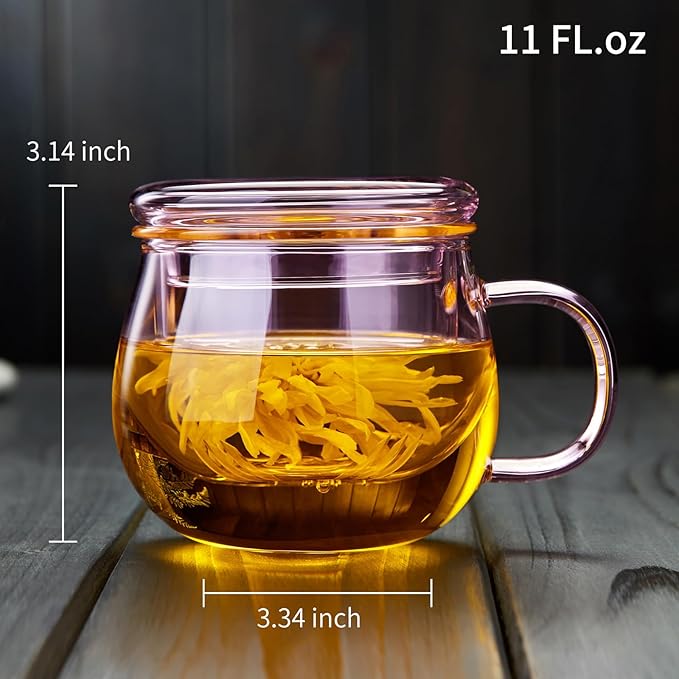 11oz Pink Glass Tea Cup with Infuser and Lid– Versatile and Elegant Gift for Women, Perfect for Loose Leaf Tea and Other Beverages.