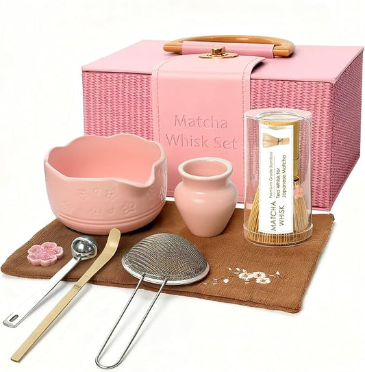 8Pcs Matcha Whisk Set, Matcha Set Includes Ceramic Matcha Bowl, Whisk and Holder, Bamboo Scoop, Scoop Rest, Sifter, Measuring Spoons and Tea Towel Tea Kit Gift Set for Women (Pink)