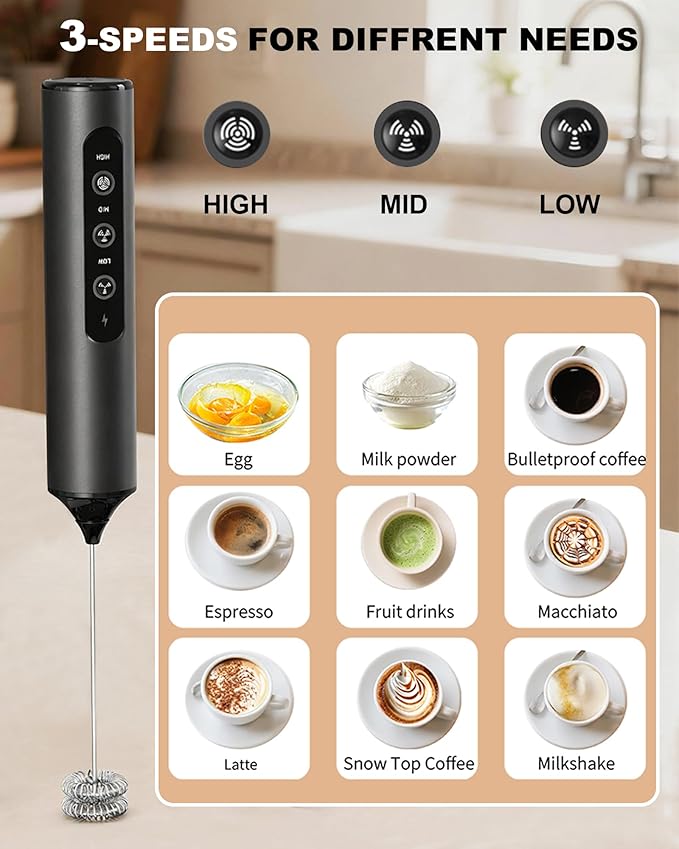 Rechargeable Handheld Milk Frother Wand with 3 Whisks & Storage Box, 3-Speed Electric Drink Mixer for Latte, Cappuccino, Hot Chocolate, Matcha and Eggs, Kitchen & Coffee Gift Set
