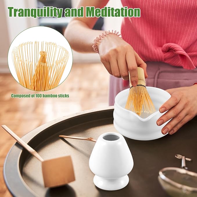 Matcha Whisk Set, 5 Pcs Matcha Set Whisk and Bowl with Spout, Matcha Whisk Holder, Matcha Spoon, Stainless Sifter, Perfect Matcha Kit for Matcha Lover (White)