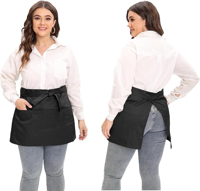 Server Aprons Large Size W 3 Pockets - Half Waist Apron in Black for Women Men by Jaspfct