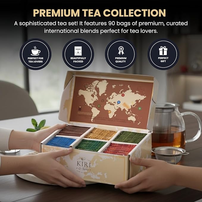 Exotic Teas of the World Gift Set – 90 Count International Tea Bags Variety Pack | Global Sampler Box Featuring England, France, Italy, Morocco, Greece & China | Gourmet Assorted Gift Travel Lovers
