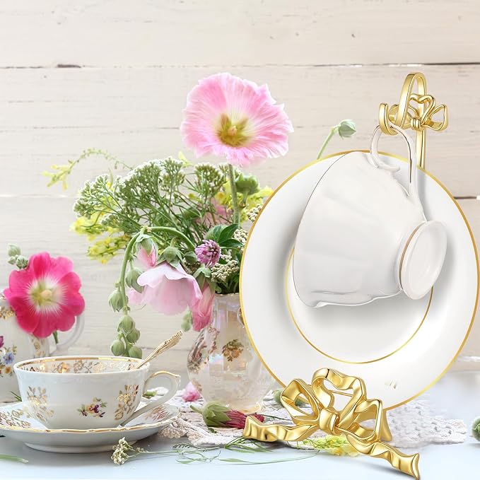 Brass Tea Cup and Saucer Display Stand Vintage Bow Teacup Holders Plate Stand Mug Hooks Classic Durability Countertop Storage for Cabinet Kitchen Counter Bar (4.92 x 9.25 x 2.56 Inches)