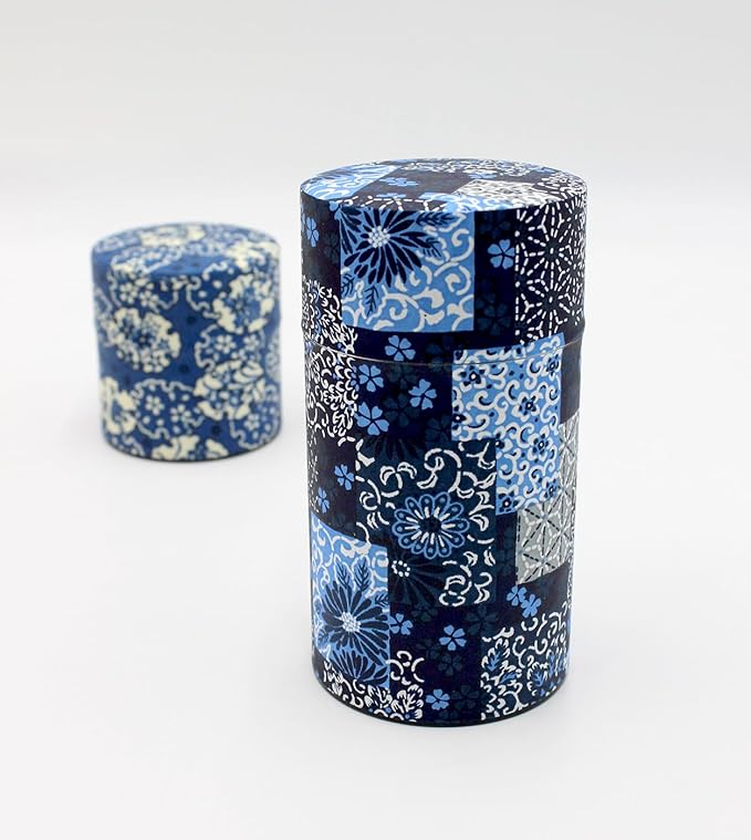 Japanese Pokkan Matcha Coffee Spice Tea Tin Canister Washi Paper Storage with Lid 7.05 oz Capacity (Ai Ichimatsu/L)