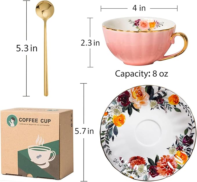 ONEUSTAR Tea Cup and Saucer Set for 1 Bone China English Tea Cup with Spoon Floral Teacup 8 oz British Coffee Latte Mug for Mother's Day Gifts, Pink