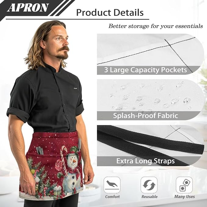 Waist Apron with 3 Pockets Waterproof 13 Inch Short Half Waist Aprons Women Men Server Aprons Waitress Waiter Apron - Image 6