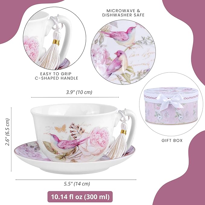 STP GOODS Bone China Tea/Coffee Cup and Saucer in Gift Box Fine Set of One (Birds in Rose Garden)