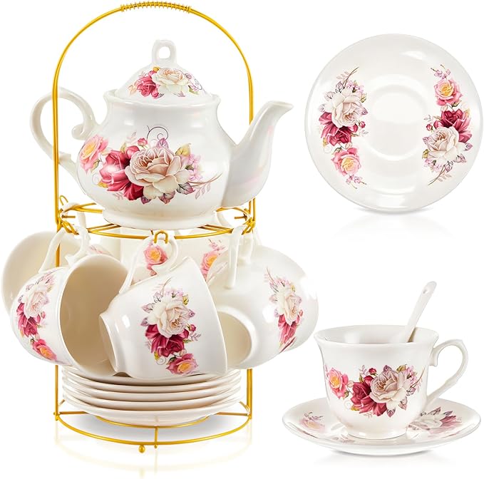 Zhehao 20 Pcs Porcelain Tea Set with Metal Holder and Spoon Adult Ceramic Tea Set European Flower Painting Teapot Cup Saucer Spoon for Women, Large Version(Grace Style)