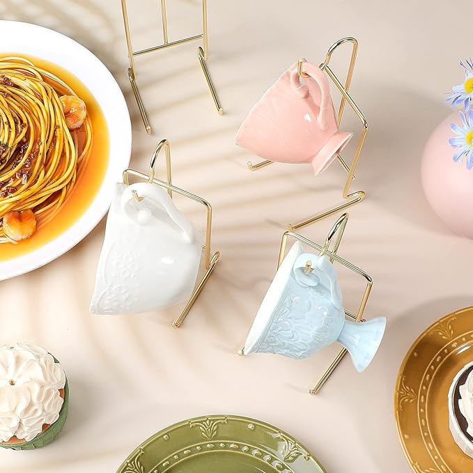 8 Pieces Tea Cup and Saucer Display Stand Holder Metal Cup Saucer Holder Pack Tea Coffee Mug Organizer for Kitchen Plate 6.22 x 2.44 Inches(Gold)