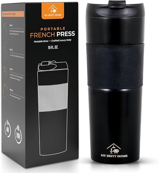 Travel French Press Black15oz Stainless Steel Double-Walled Vacuum Insulated Travel Coffee Mug with Leak-Proof Locking Lid, Keeps Coffee Hot 4 Hrs Portable for Camping, Office, Car, Premium Gift