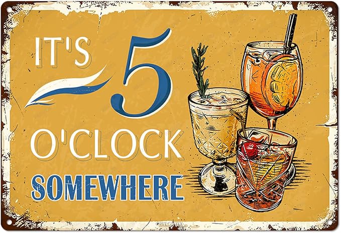 Vintage Metal Signs Wall Decor It's 5 O'clock Somewhere Retro Sign for Outdoor Indoor Home Beach Garden Tub Bar Farmhouse Cafe Gate Fence Decorations 12X8 Inch Aluminium Hanging Plaque by WEGUZIX