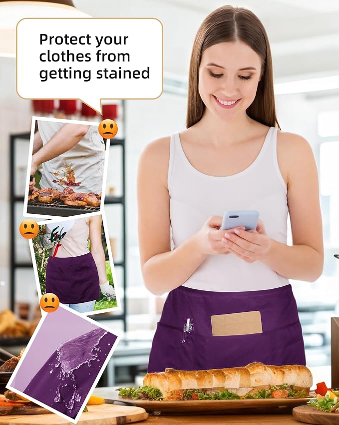 Argstar 2 Pack Server Apron with 4 Pockets, Waitress Waiter Waist WaterDrop Resistant Short Aprons - Image 4