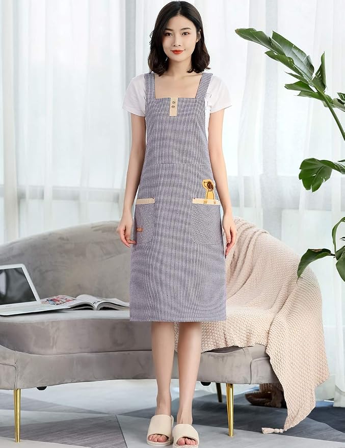 NEWGEM 100% Cotton Cute Gingham Apron with Pockets - Korean Style H-Back Pinafore for Florist, Housekeeping, Art Teacher (Purple Doggy) - Image 2