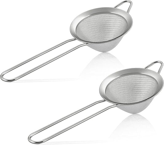 E-far Fine Mesh Strainer Set of 2, 3.3 Inches Stainless Steel Tea Strainer with Long Handle, Small Conical Mesh Strainers Sieve for Cocktail Coffee Food, Rust Proof & Easy to Clean (Silver)