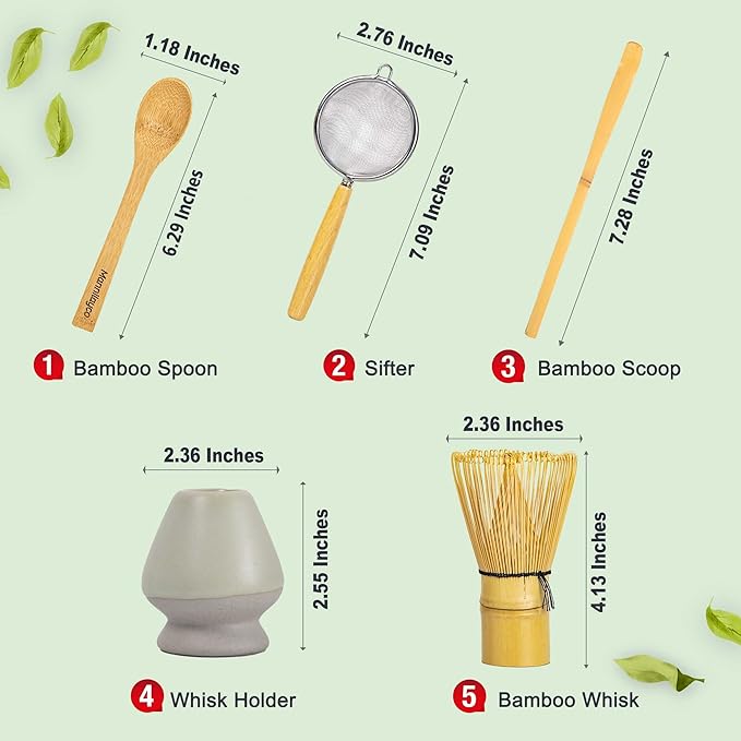 Matcha Whisk Set 5pcs – Bamboo Chasen with Holder, Chashaku Scoop, Spoon, Fine Mesh Sifter – Traditional Japanese Tea Tools for Tea Ceremony, Matcha Making Kit for Tea Lovers（Green)