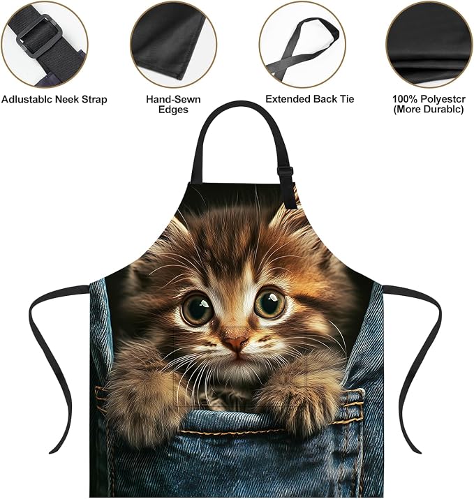 Funny Cat Apron with 2 Pockets Waterproof for Men Women Kitchen Garden Decor - Image 3