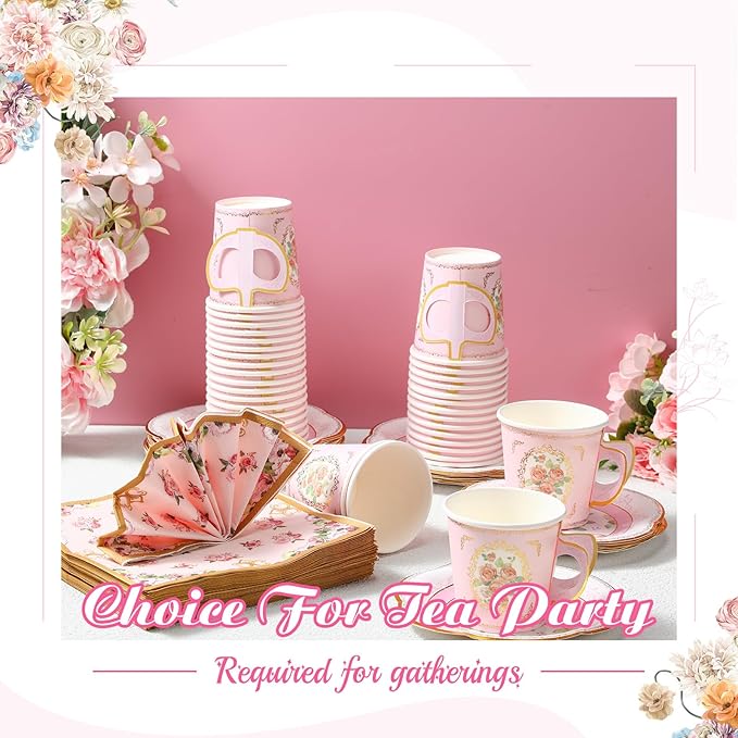 Umigy 36 Sets Tea Party Decorations 6.5 oz Floral Paper Tea Cups with Plates Paper Napkins Disposable Blossom Teacups and Saucers Sets for Girls Birthday Party Supplies(Pink)