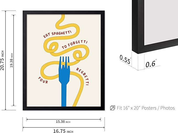 Poster Master Spaghetti Poster - Eat Spaghetti To Forgetti Your Regretti Print - Food & Drink Art - Gift for Chef, Cook - Fun Decor for Restaurant, Kitchen, Dining Room, 16x20 Black Framed