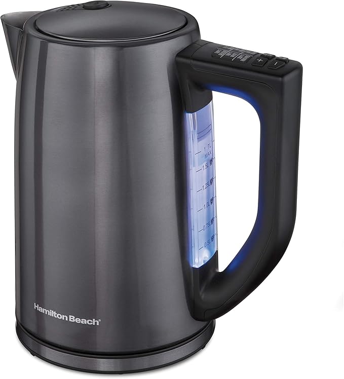 Hamilton Beach Temperature Control Electric Tea Kettle, Water Boiler & Heater, 1.7L, Cordless, LED Indicator, Auto-Shutoff, Keep Warm & Boil-Dry Protection, Black Stainless Steel (41027)