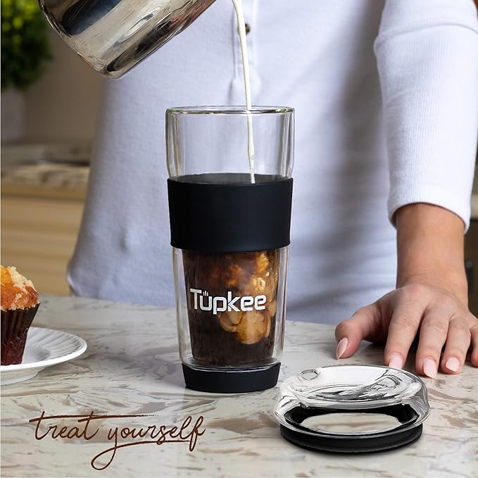 Tupkee Double Wall Glass Tumbler - 14-Ounce, All Glass Reusable Insulated Tea/Coffee Mug & Lid, Hand Blown Travel Mug - Black