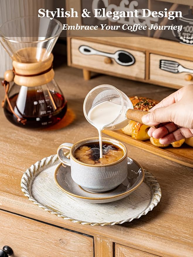Gomakren 6 Ounce Cappuccino Cups with Saucers and Metal Stand, Stackable Coffee Cup Set of 4, Valentine Porcelain Espresso Cups for Coffee Drinks, Cappuccino, Latte, Americano, Tea, Gray