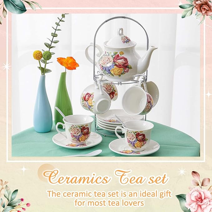 Zhehao 20 Pcs Porcelain Tea Set with Metal Holder and Spoon Adult Ceramic Tea Set European Flower Painting Teapot Cup Saucer Spoon for Women, Large Version (Floral Style)