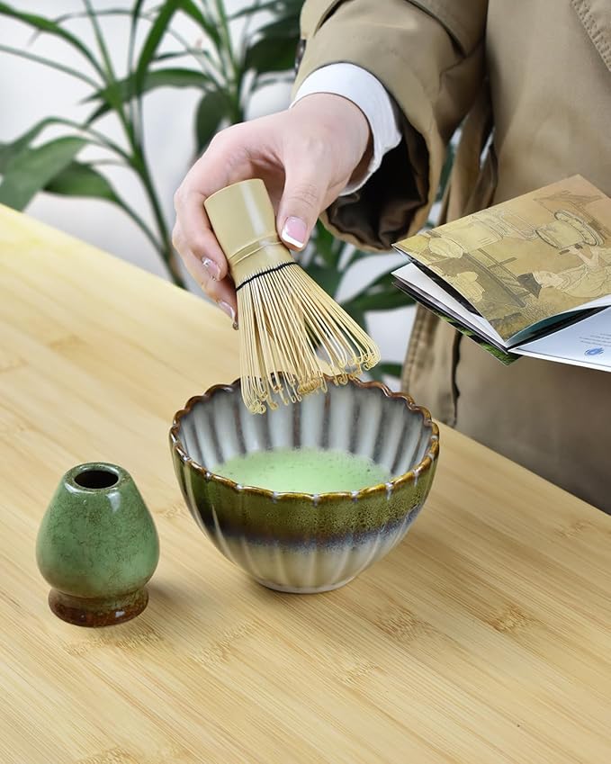 Artcome Matcha Tea Set - 17oz Petal-Shaped Matcha Bowl, Bamboo Whisk, Scoop, Whisk Holder & Brewing Guide - Japanese Tea Ceremony Tools for a Perfect Matcha Experience, Gradient Green